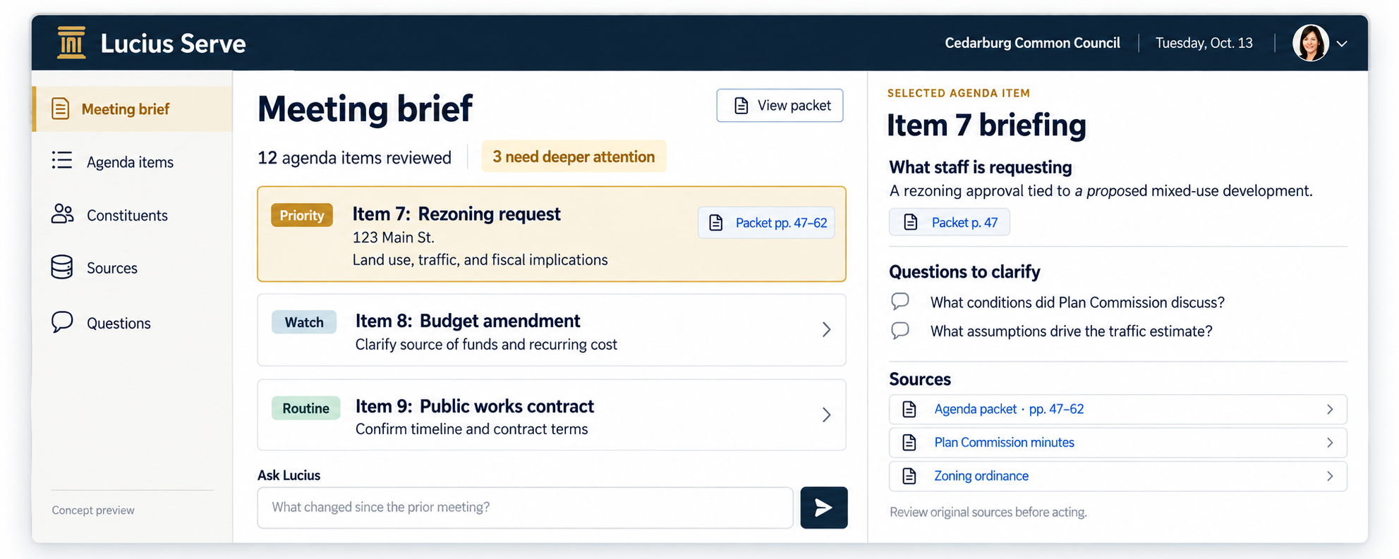 Lucius Serve product concept showing a meeting brief and source-grounded questions